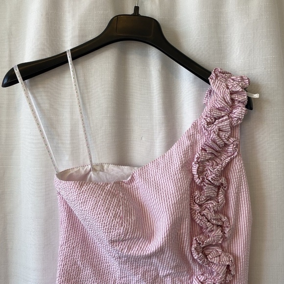 Lilly Pulitzer Vivienne Ruffle One Shoulder Dress Pink And Whir Seersucker Sz 4 - Picture 2 of 13
